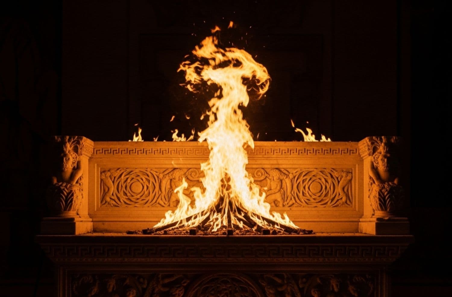 A stone altar burning with sacred fire in the dark